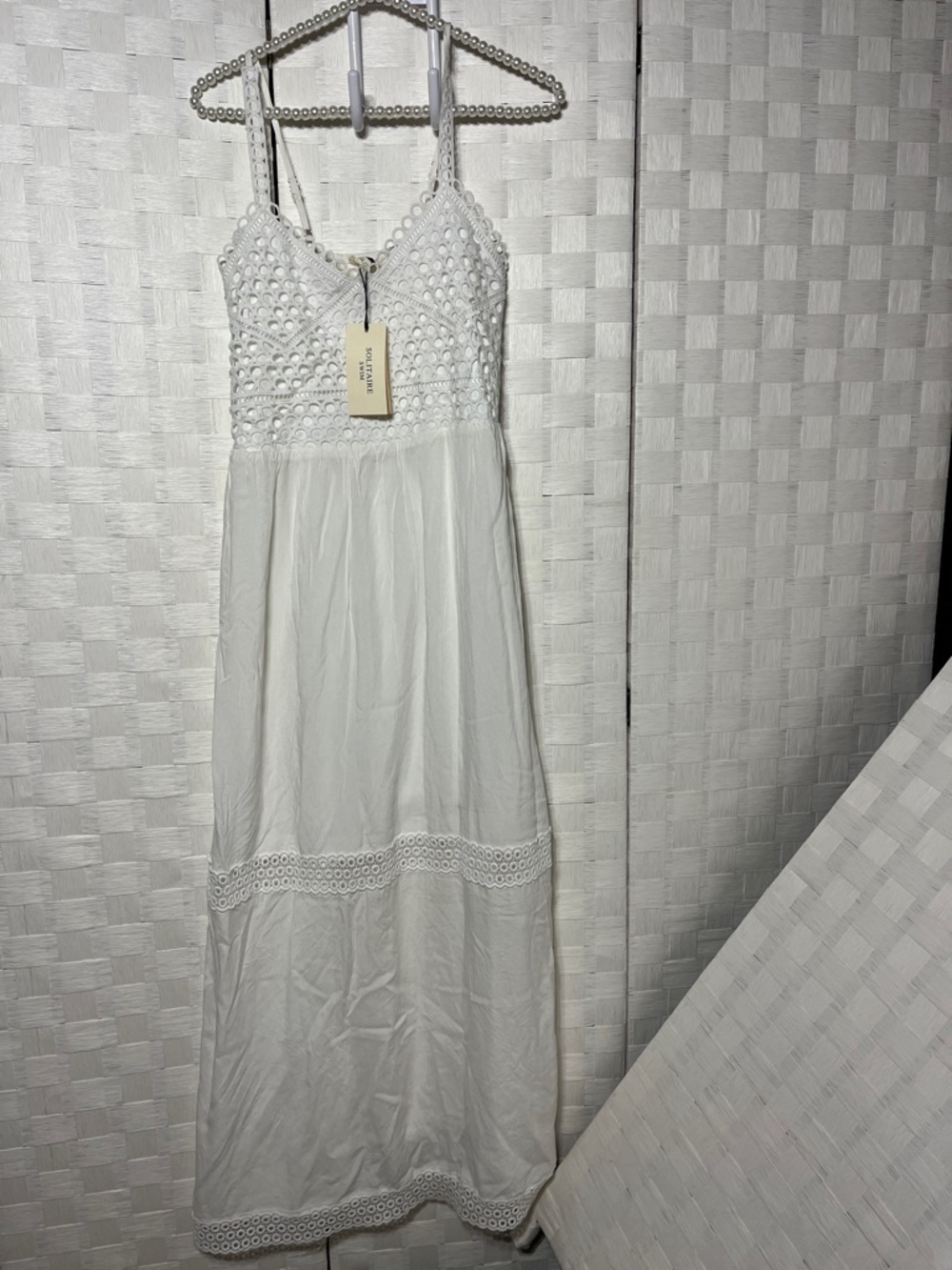 White Crochet Bodice Maxi Dress with Spaghetti Straps  Boho Size Small
